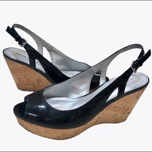 Audrey Brooke Black Patent Cork Wedge